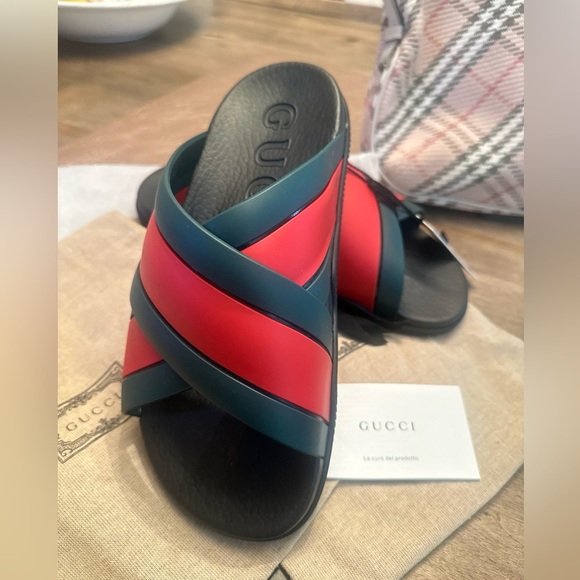 Gucci Red and Green Cross-Strap Slides - Picture 1 of 13